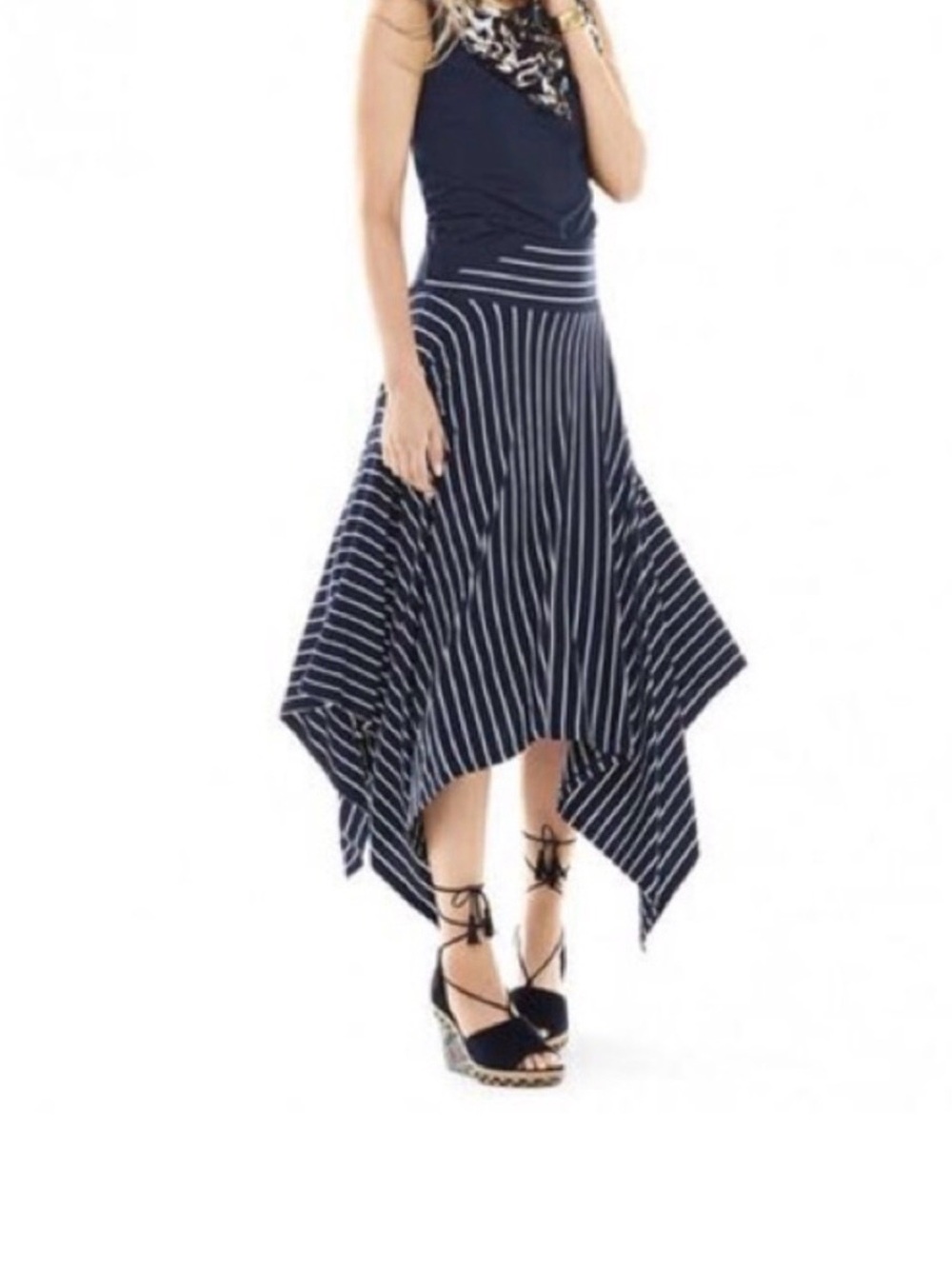 CAbi Twirl Navy and White Striped Asymmetrical Handkerchief Midi Skirt 96% Rayon
